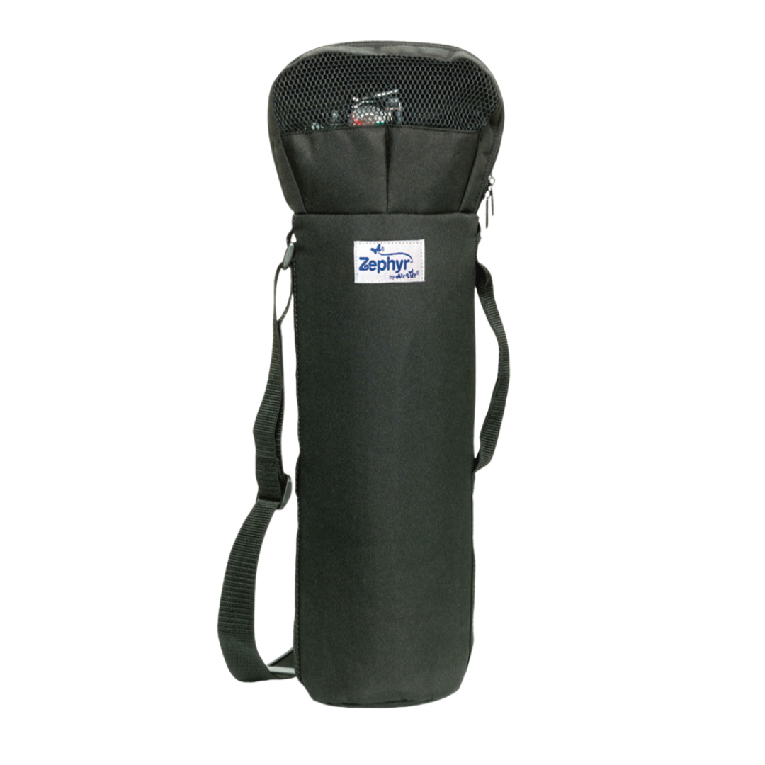 The Zephyr Oxygen Cylinder Shoulder Bag is black and cylindrical with a white Zephyr logo, zippered mesh top, shoulder strap, mesh viewing window, and stands upright.